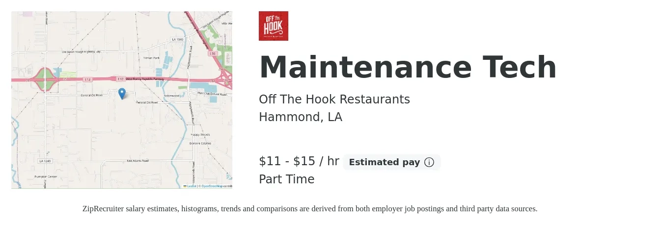 Off The Hook Restaurants job posting for a Maintenance Tech in Hammond, LA with a salary of $12 to $16 Hourly with a map of Hammond location.