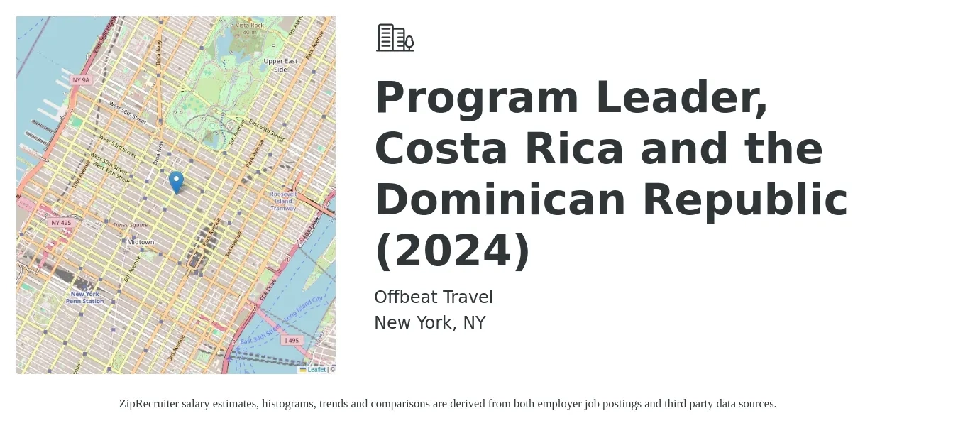 Offbeat Travel job posting for a Program Leader, Costa Rica and the Dominican Republic (2024) in New York, NY with a salary of $127,500 Yearly with a map of New York location.