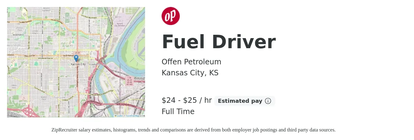 Offen Petroleum job posting for a Fuel Driver in Kansas City, KS with a salary of $25 to $26 Hourly with a map of Kansas City location.