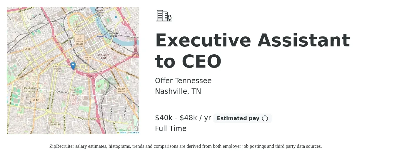 Offer Tennessee job posting for a Executive Assistant to CEO in Nashville, TN with a salary of $40,000 to $48,000 Yearly (plus commission) with a map of Nashville location.