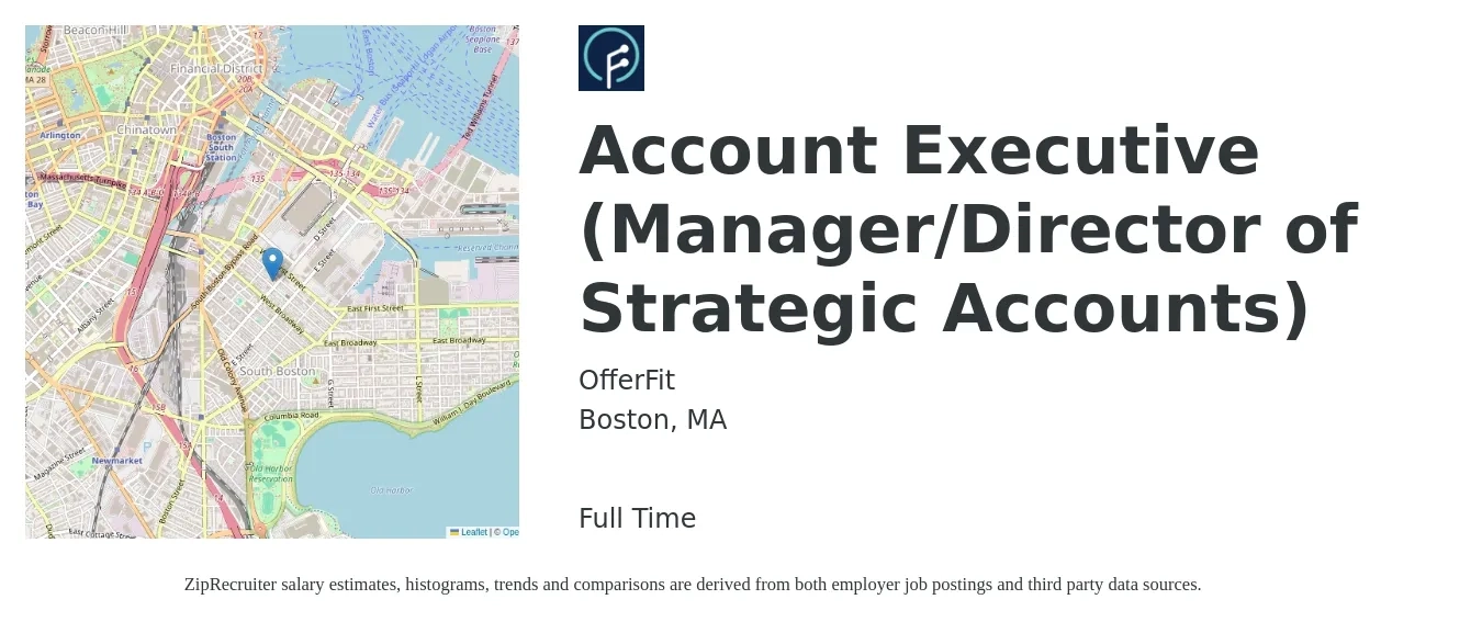 OfferFit job posting for a Account Executive (Manager/Director of Strategic Accounts) in Boston, MA with a salary of $96,100 to $146,700 Yearly with a map of Boston location.