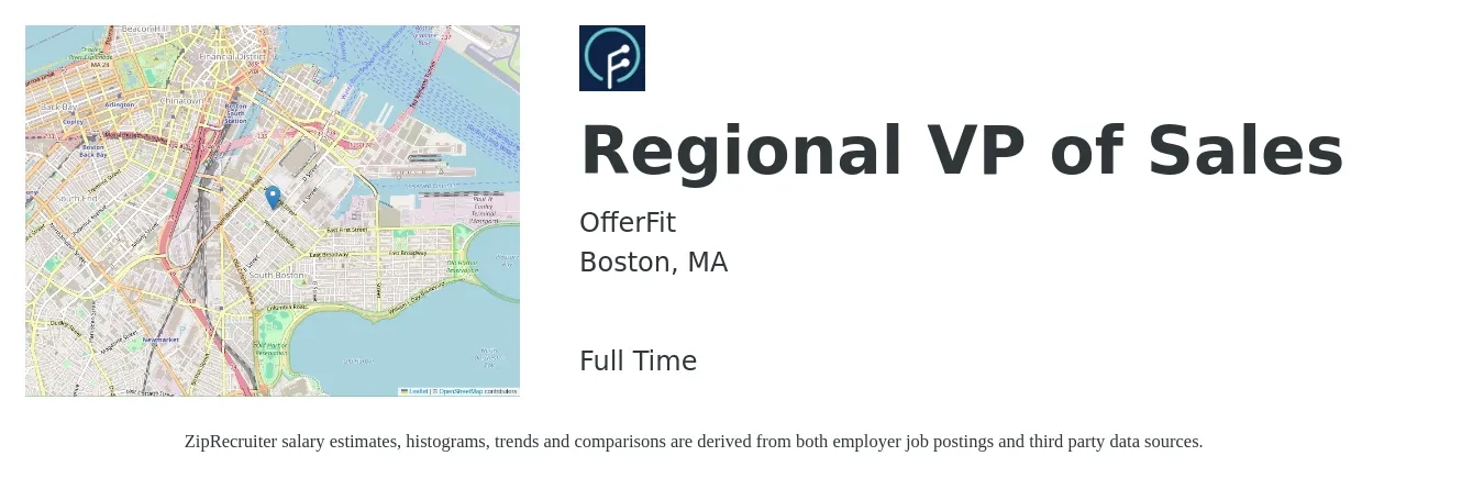 OfferFit job posting for a Regional VP of Sales in Boston, MA with a salary of $103,800 to $183,100 Yearly with a map of Boston location.