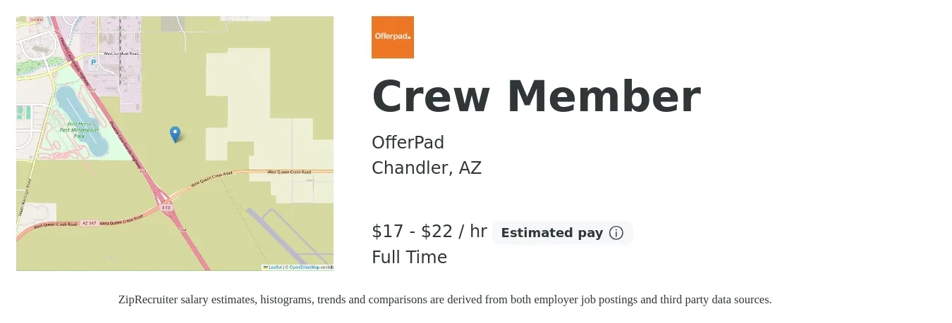 OfferPad job posting for a Crew Member in Chandler, AZ with a salary of $18 to $23 Hourly with a map of Chandler location.