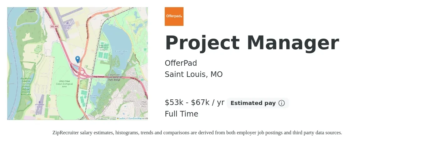 OfferPad job posting for a Project Manager in Saint Louis, MO with a salary of $53,600 to $67,000 Yearly with a map of Saint Louis location.