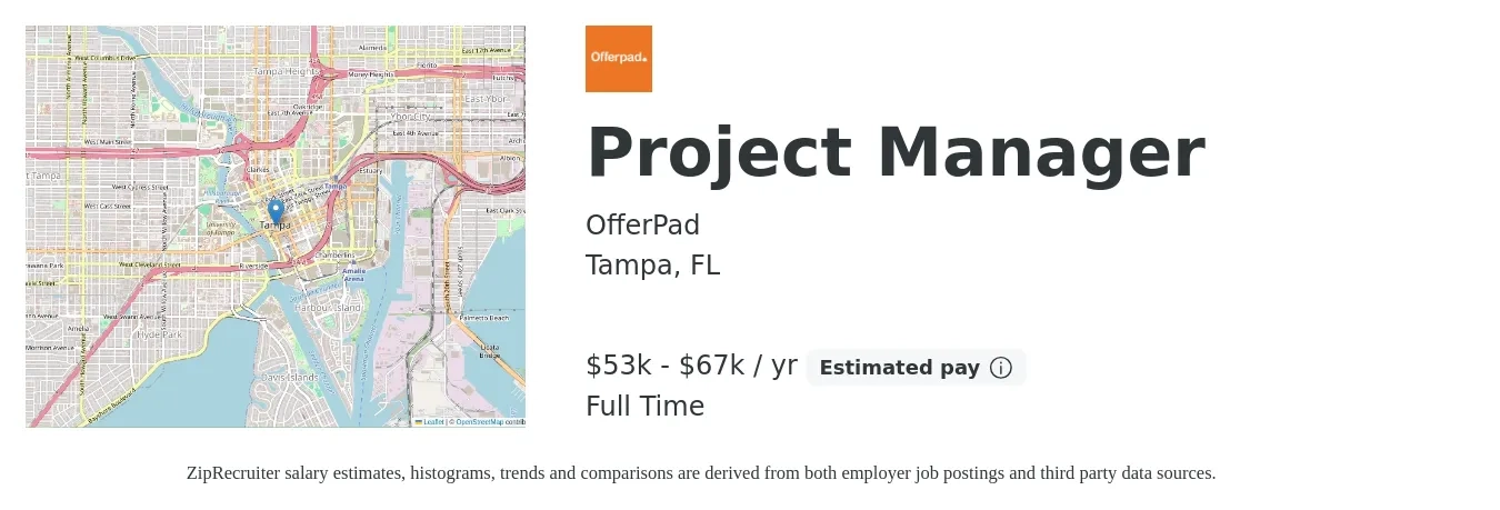 OfferPad job posting for a Project Manager in Tampa, FL with a salary of $53,600 to $67,000 Yearly with a map of Tampa location.