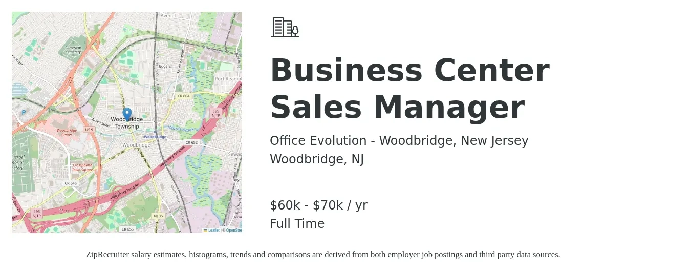 Office Evolution - Woodbridge, New Jersey job posting for a Business Center Sales Manager in Woodbridge, NJ with a salary of $60,000 to $70,000 Yearly with a map of Woodbridge location.