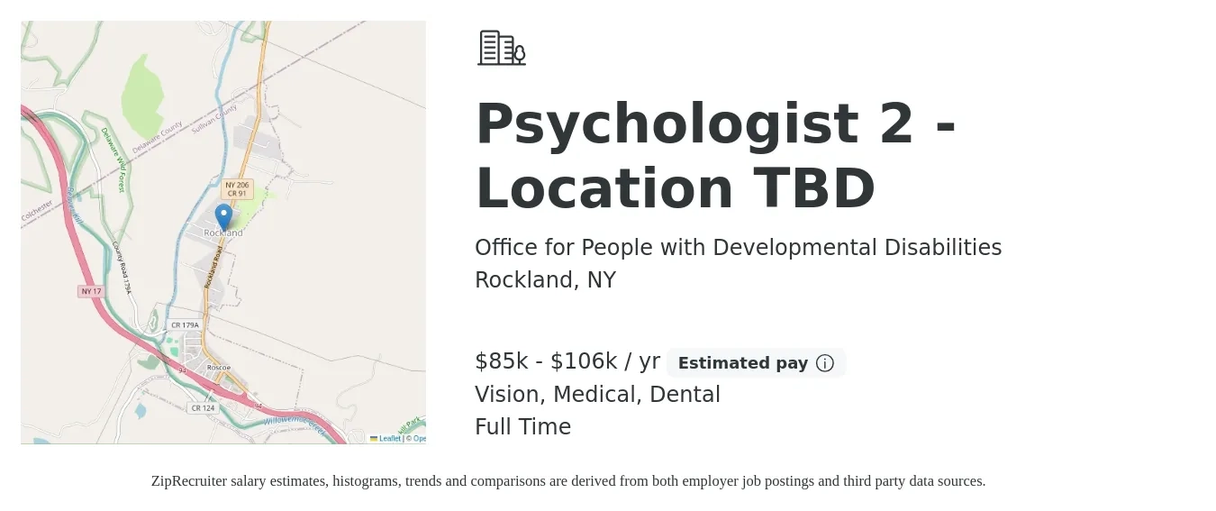 Office for People with Developmental Disabilities job posting for a Psychologist 2 - Location TBD in Rockland, NY with a salary of $85,105 to $106,750 Yearly and benefits including pto, retirement, vision, dental, and medical with a map of Rockland location.