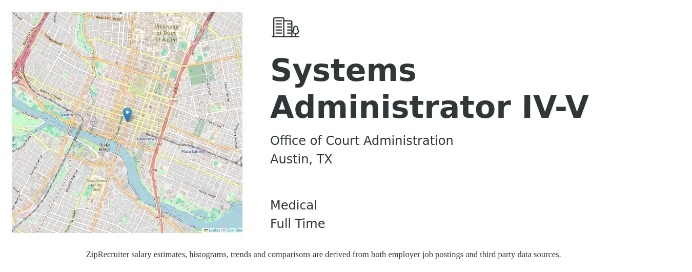 Office of Court Administration job posting for a Systems Administrator IV-V in Austin, TX with a salary of $5,800 to $7,560 Monthly and benefits including retirement, medical, and pto with a map of Austin location.