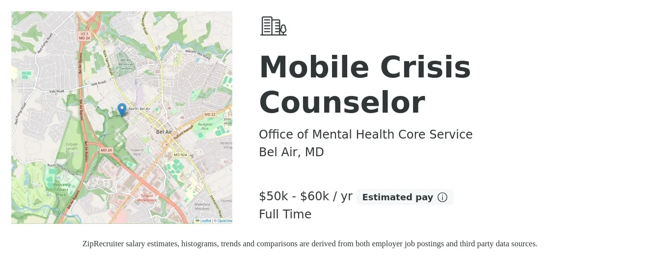 Office of Mental Health Core Service job posting for a Mobile Crisis Counselor in Bel Air, MD with a salary of $50,000 to $60,000 Yearly with a map of Bel Air location.