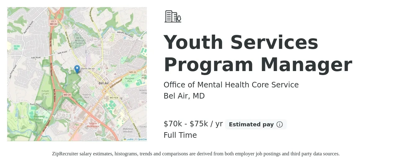 Office of Mental Health Core Service job posting for a Youth Services Program Manager in Bel Air, MD with a salary of $70,000 to $75,000 Yearly with a map of Bel Air location.