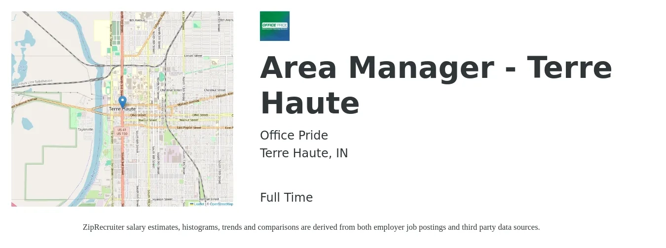Office Pride job posting for a Area Manager - Terre Haute in Terre Haute, IN with a salary of $35,000 to $40,000 Yearly with a map of Terre Haute location.