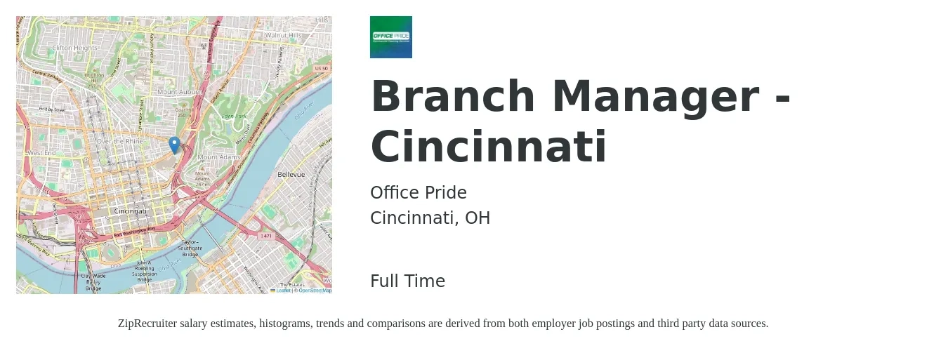 Office Pride job posting for a Branch Manager - Cincinnati in Cincinnati, OH with a salary of $40,000 to $55,000 Yearly with a map of Cincinnati location.