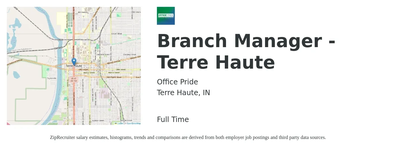 Office Pride job posting for a Branch Manager - Terre Haute in Terre Haute, IN with a salary of $40,000 to $50,000 Yearly with a map of Terre Haute location.