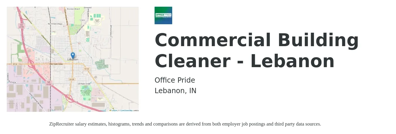 Office Pride job posting for a Commercial Building Cleaner - Lebanon in Lebanon, IN with a salary of $13 to $15 Hourly with a map of Lebanon location.