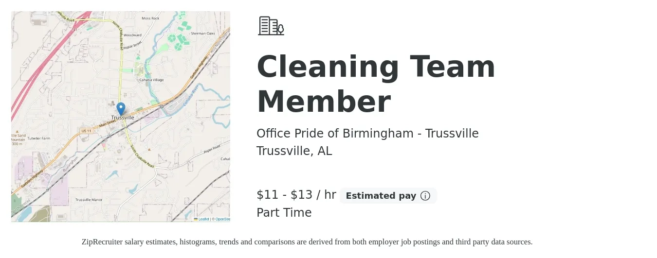 Office Pride of Birmingham - Trussville job posting for a Cleaning Team Member in Trussville, AL with a salary of $12 to $14 Hourly with a map of Trussville location.