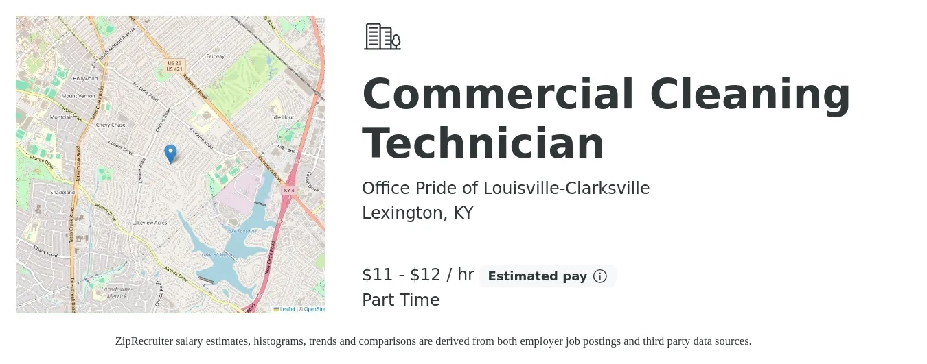 Office Pride of Louisville-Clarksville job posting for a Commercial Cleaning Technician in Lexington, KY with a salary of $12 to $13 Hourly with a map of Lexington location.