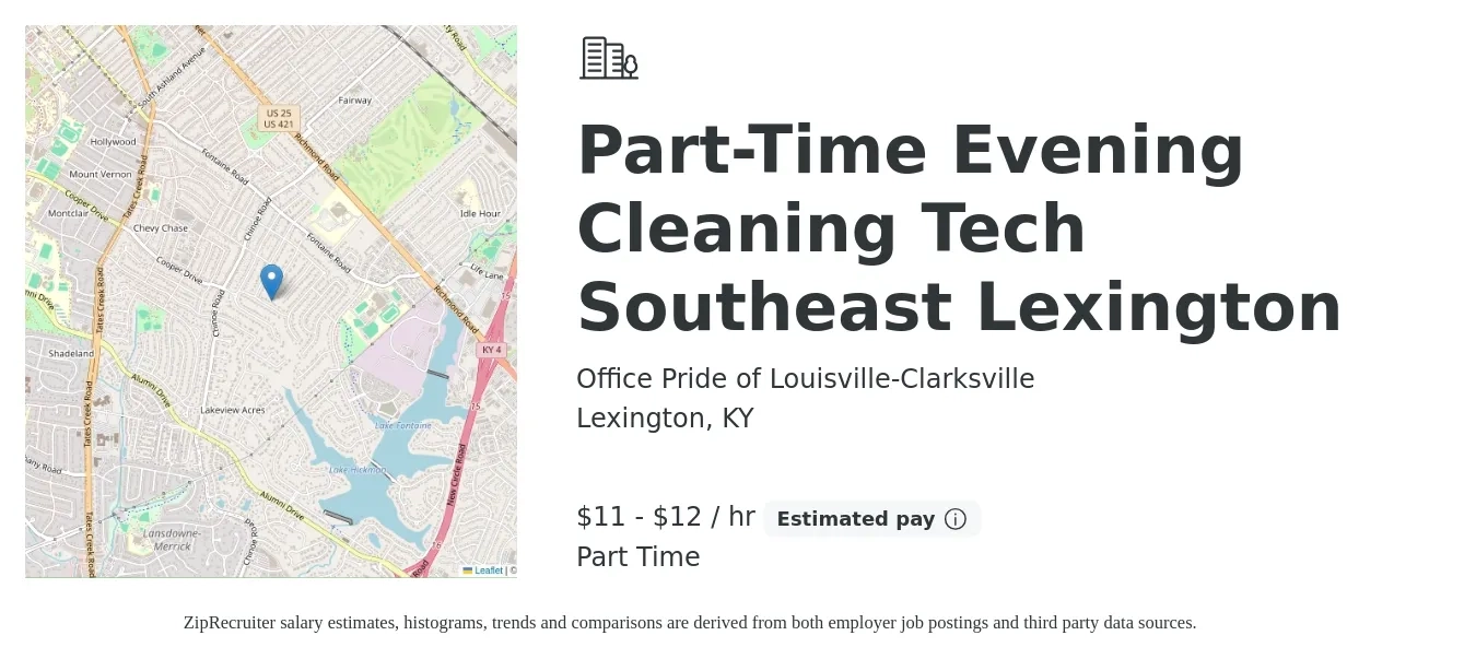 Office Pride of Louisville-Clarksville job posting for a Part-Time Evening Cleaning Tech Southeast Lexington in Lexington, KY with a salary of $12 to $13 Hourly with a map of Lexington location.