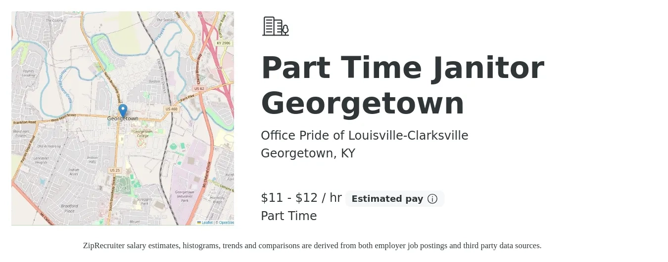 Office Pride of Louisville-Clarksville job posting for a Part Time Janitor Georgetown in Georgetown, KY with a salary of $12 to $13 Hourly with a map of Georgetown location.