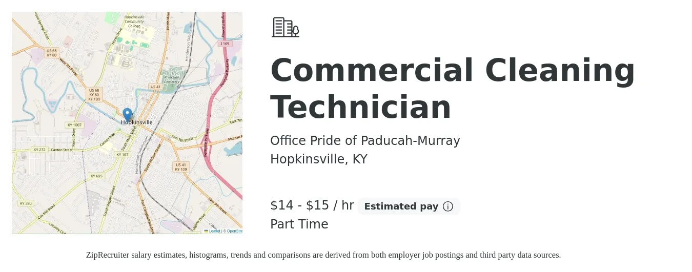 Office Pride of Paducah-Murray job posting for a Commercial Cleaning Technician in Hopkinsville, KY with a salary of $15 to $16 Hourly with a map of Hopkinsville location.