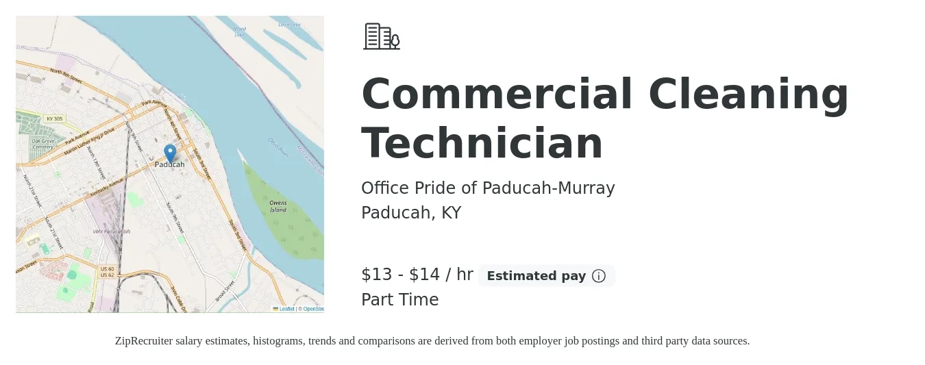 Office Pride of Paducah-Murray job posting for a Commercial Cleaning Technician in Paducah, KY with a salary of $13 to $16 Hourly with a map of Paducah location.