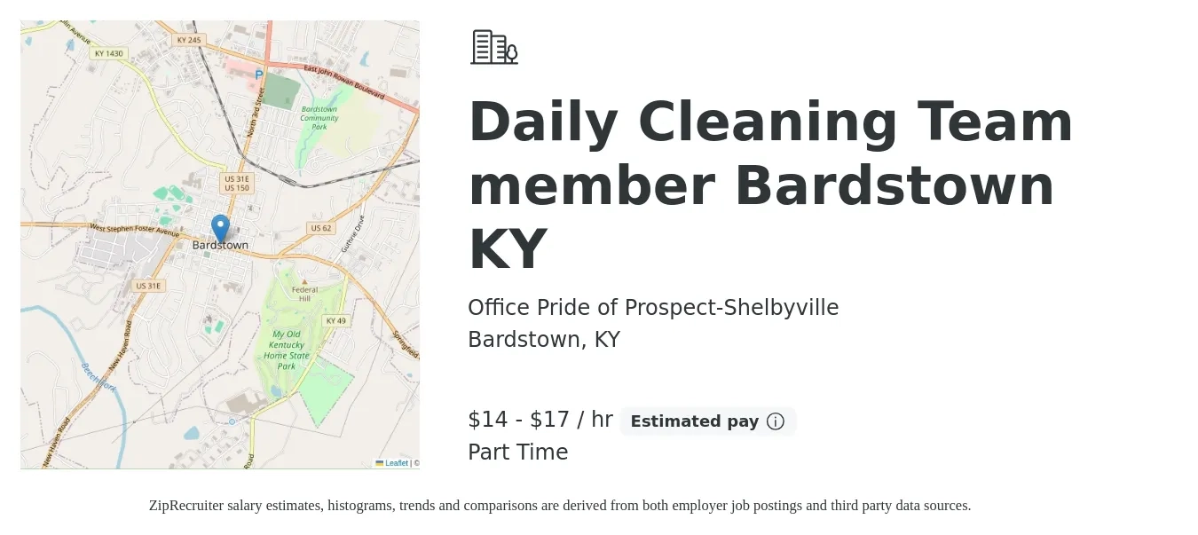 Office Pride of Prospect-Shelbyville job posting for a Daily Cleaning Team member Bardstown KY in Bardstown, KY with a salary of $15 to $18 Hourly with a map of Bardstown location.