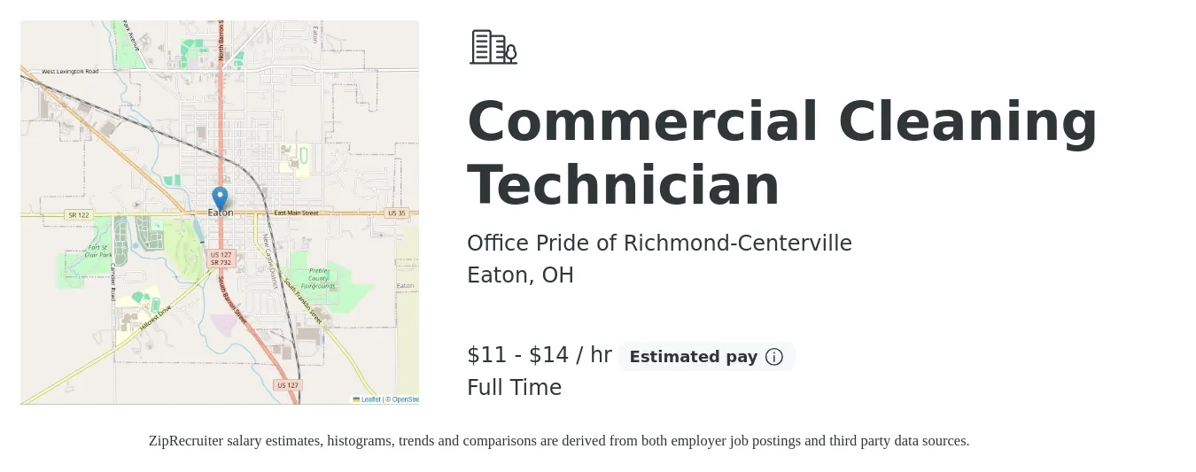 Office Pride of Richmond-Centerville job posting for a Commercial Cleaning Technician in Eaton, OH with a salary of $12 to $15 Hourly with a map of Eaton location.