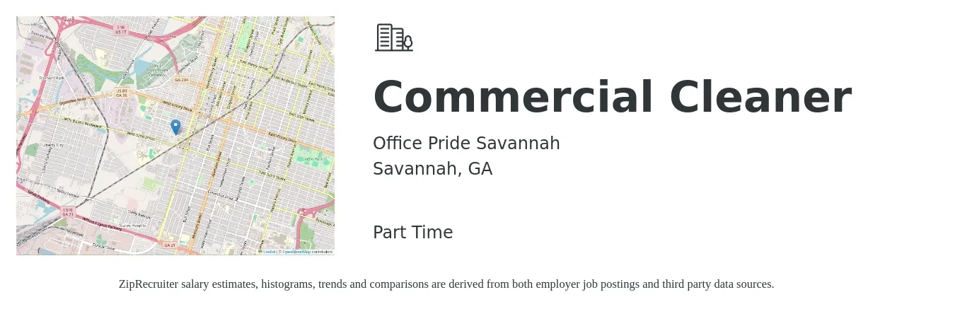 Office Pride Savannah job posting for a Commercial Cleaner in Savannah, GA with a salary of $13 to $15 Hourly with a map of Savannah location.