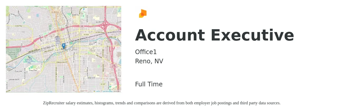 Office1 job posting for a Account Executive in Reno, NV with a salary of $53,800 to $94,700 Yearly with a map of Reno location.
