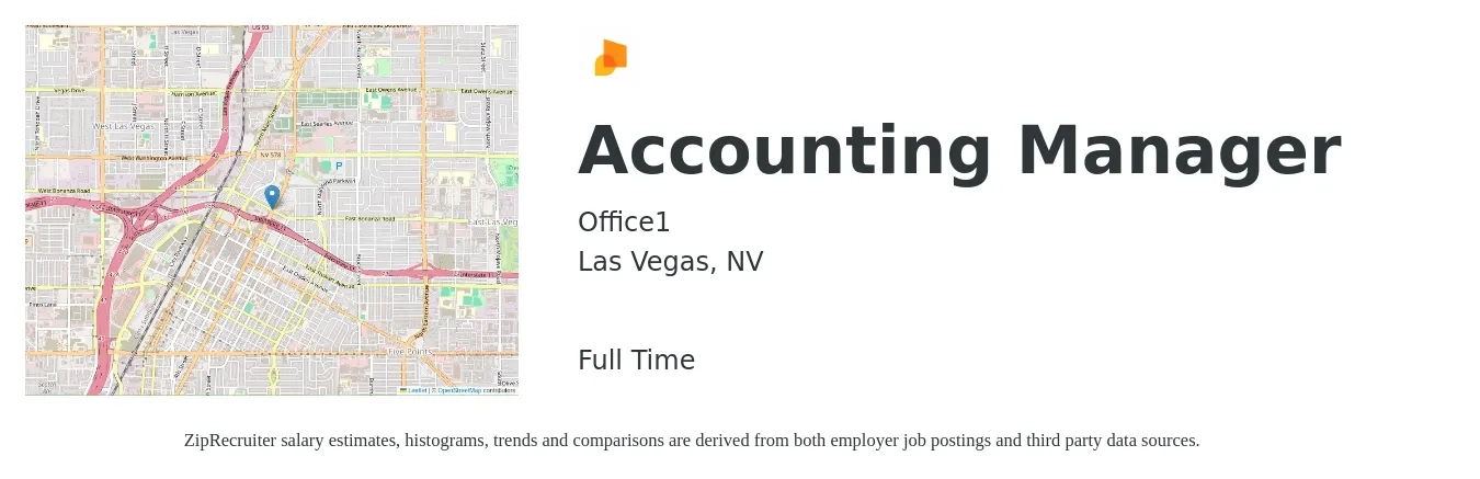 Office1 job posting for a Accounting Manager in Las Vegas, NV with a salary of $74,500 to $107,000 Yearly with a map of Las Vegas location.