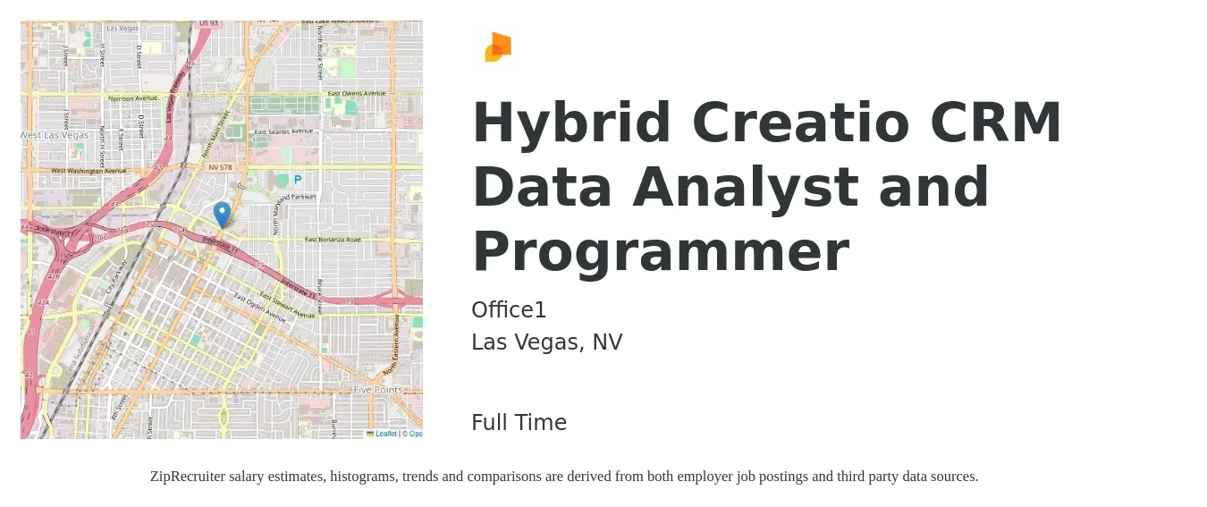 Office1 job posting for a Hybrid Creatio CRM Data Analyst and Programmer in Las Vegas, NV with a salary of $35 to $52 Hourly with a map of Las Vegas location.