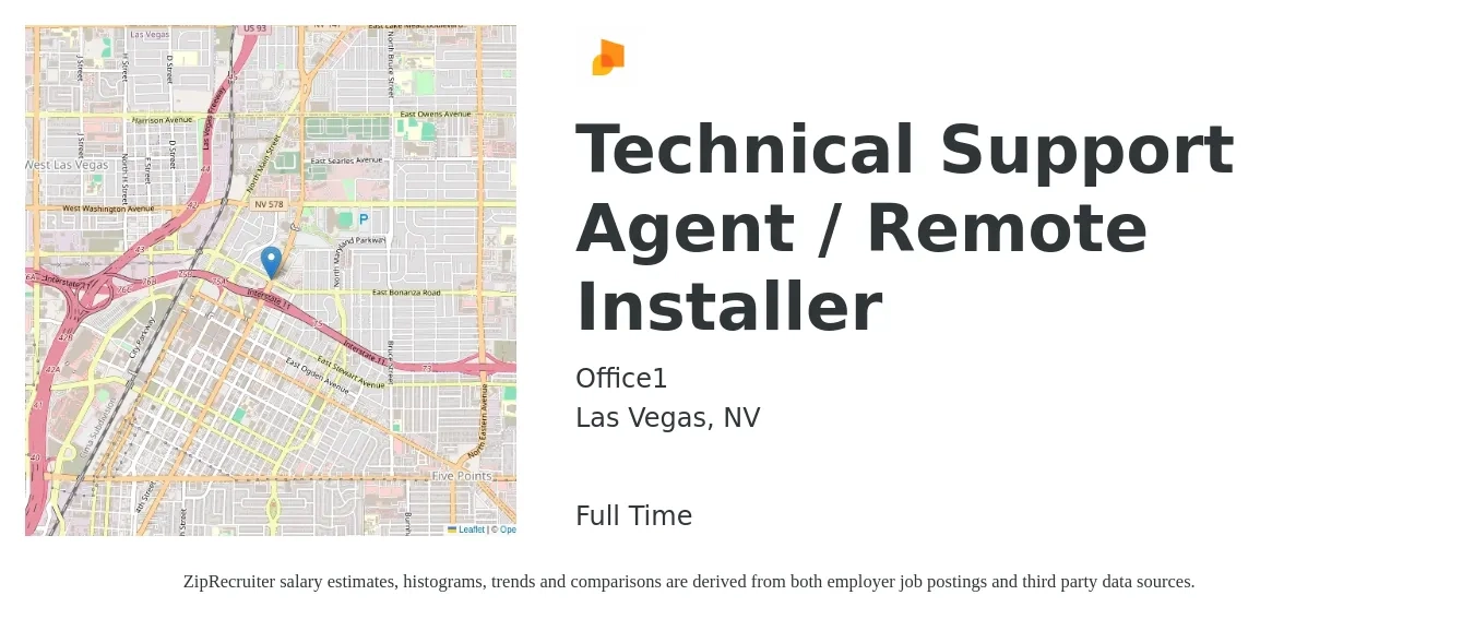 Office1 job posting for a Technical Support Agent/ Remote Installer in Las Vegas, NV with a salary of $15 to $22 Hourly with a map of Las Vegas location.