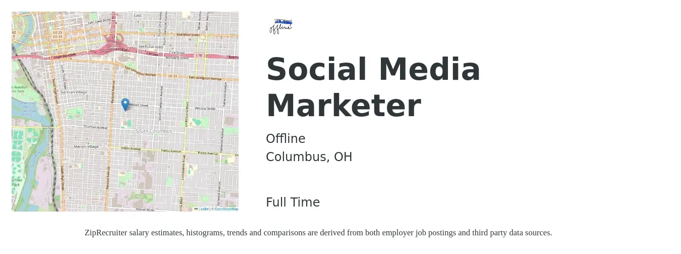 Offline job posting for a Social Media Marketer in Columbus, OH with a salary of $16 to $21 Hourly with a map of Columbus location.