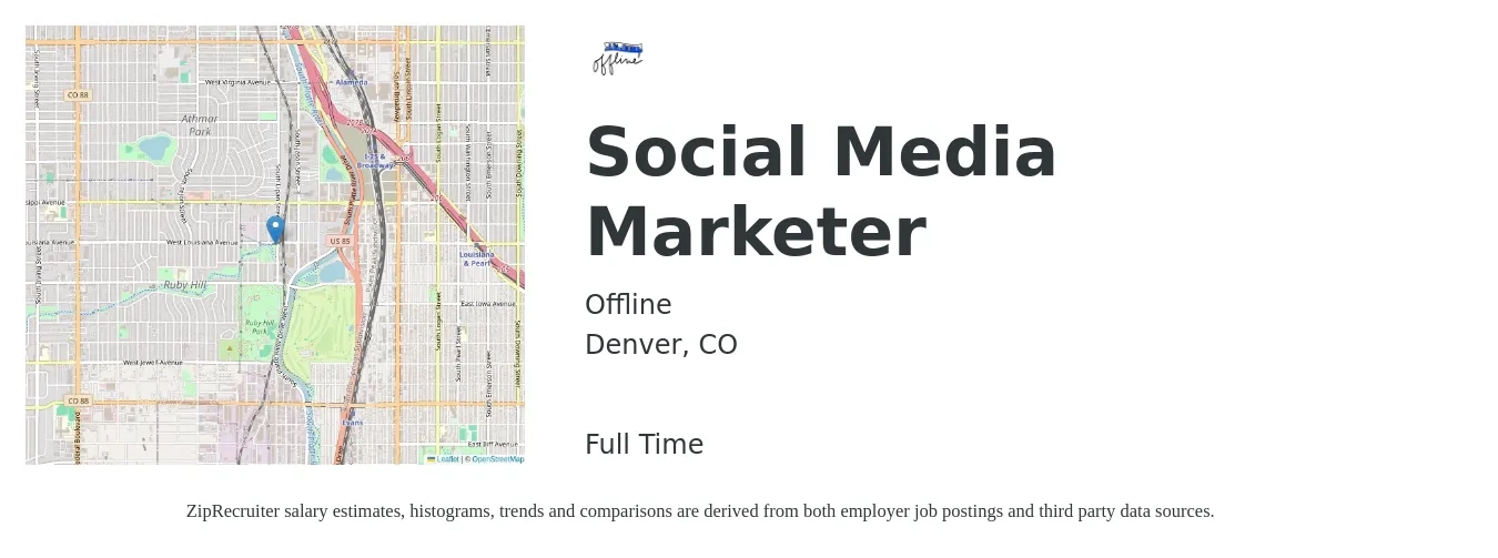Offline job posting for a Social Media Marketer in Denver, CO with a salary of $16 to $23 Hourly with a map of Denver location.