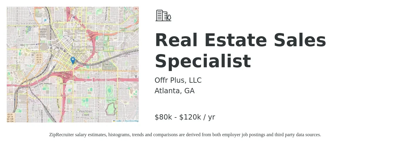 Offr Plus, LLC job posting for a Real Estate Sales Specialist in Atlanta, GA with a salary of $80,000 to $120,000 Yearly with a map of Atlanta location.