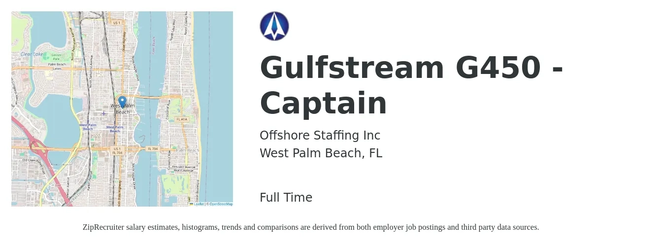 Offshore Staffing Inc job posting for a Gulfstream G450 - Captain in West Palm Beach, FL with a salary of $96,700 to $149,900 Yearly with a map of West Palm Beach location.