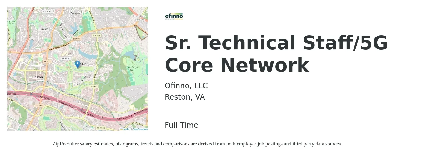 Ofinno, LLC job posting for a Sr. Technical Staff/5G Core Network in Reston, VA with a salary of $84,400 to $129,200 Yearly with a map of Reston location.