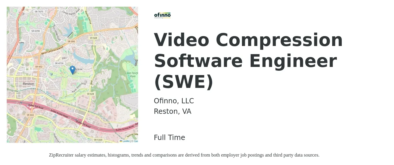 Ofinno, LLC job posting for a Video Compression Software Engineer (SWE) in Reston, VA with a salary of $108,400 to $180,300 Yearly with a map of Reston location.
