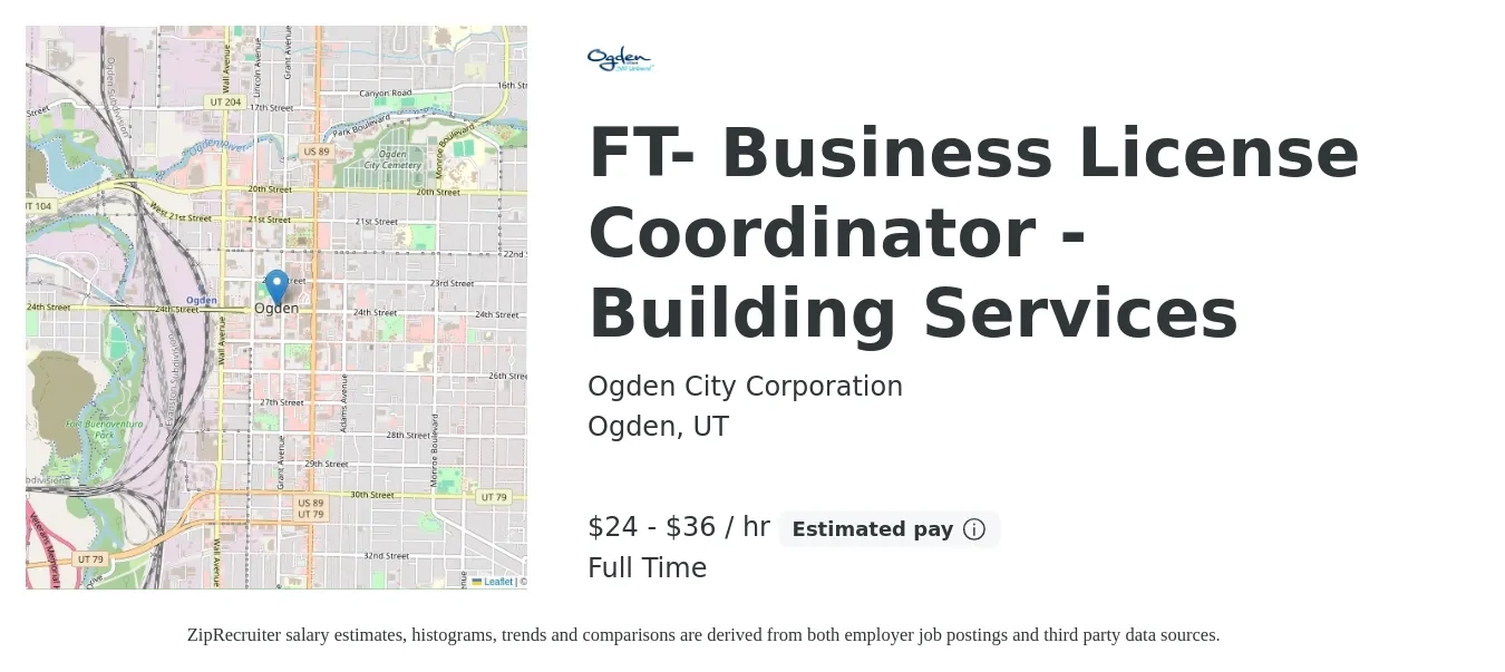 Ogden City Corporation job posting for a FT- Business License Coordinator - Building Services in Ogden, UT with a salary of $25 to $38 Hourly with a map of Ogden location.