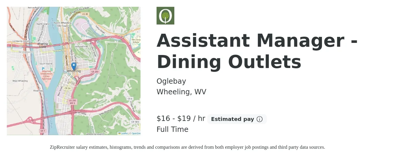 Oglebay job posting for a Assistant Manager - Dining Outlets in Wheeling, WV with a salary of $17 to $20 Hourly with a map of Wheeling location.