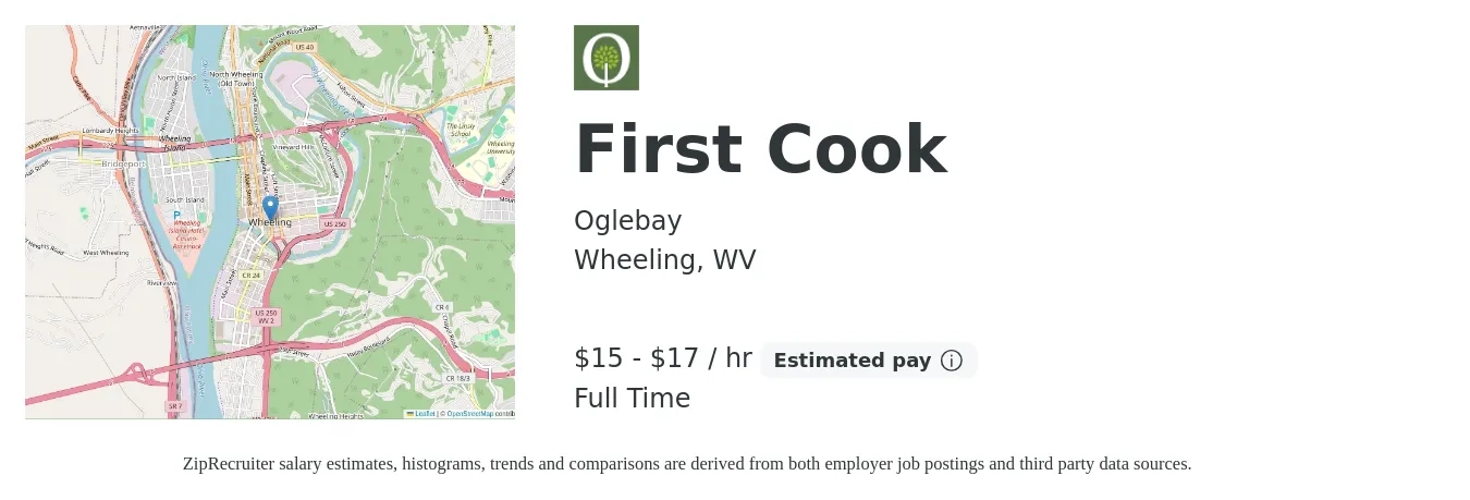 Oglebay job posting for a First Cook in Wheeling, WV with a salary of $16 to $18 Hourly with a map of Wheeling location.