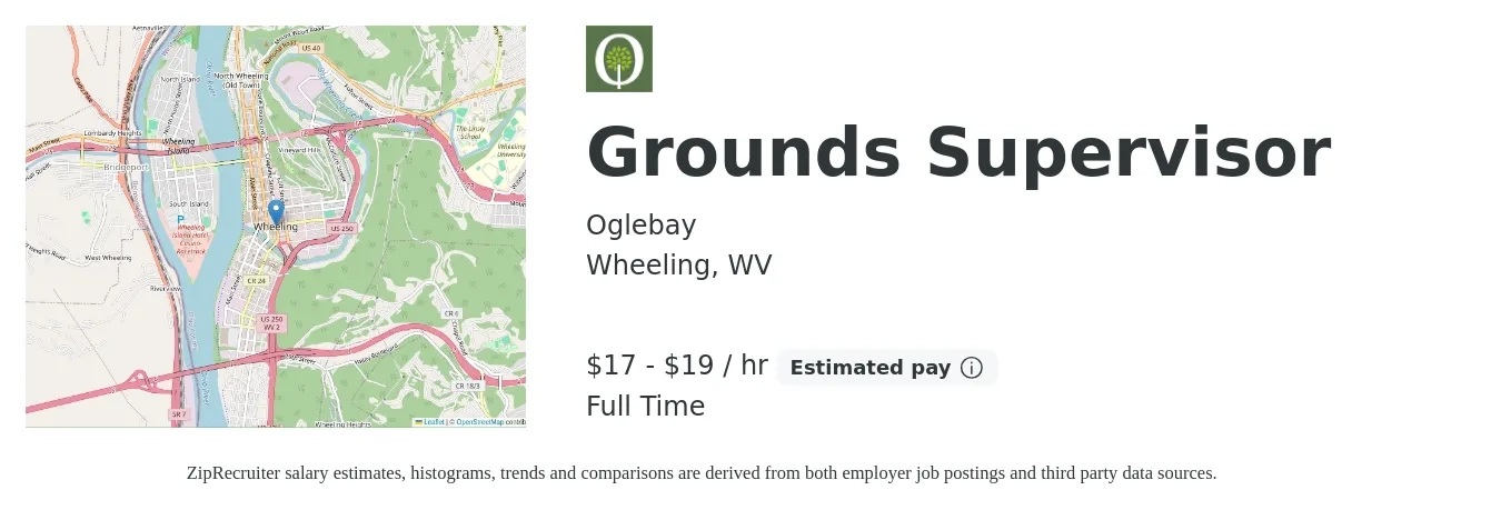 Oglebay job posting for a Grounds Supervisor in Wheeling, WV with a salary of $18 to $20 Hourly with a map of Wheeling location.