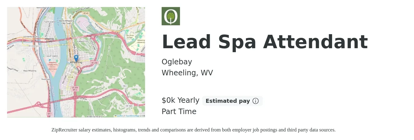 Oglebay job posting for a Lead Spa Attendant in Wheeling, WV with a salary of $10 to $12 Yearly with a map of Wheeling location.