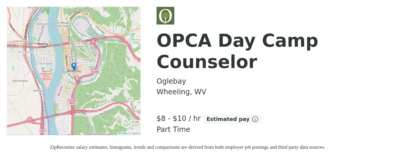 Oglebay job posting for a OPCA Day Camp Counselor in Wheeling, WV with a salary of $9 to $11 Hourly with a map of Wheeling location.