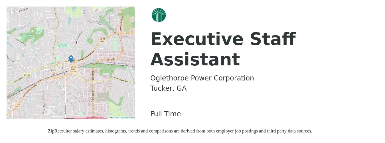 Oglethorpe Power Corporation job posting for a Executive Staff Assistant in Tucker, GA with a salary of $56,500 to $70,600 Yearly with a map of Tucker location.