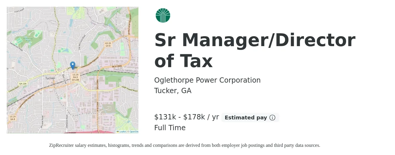 Oglethorpe Power Corporation job posting for a Sr Manager/Director of Tax in Tucker, GA with a salary of $131,200 to $178,000 Yearly with a map of Tucker location.