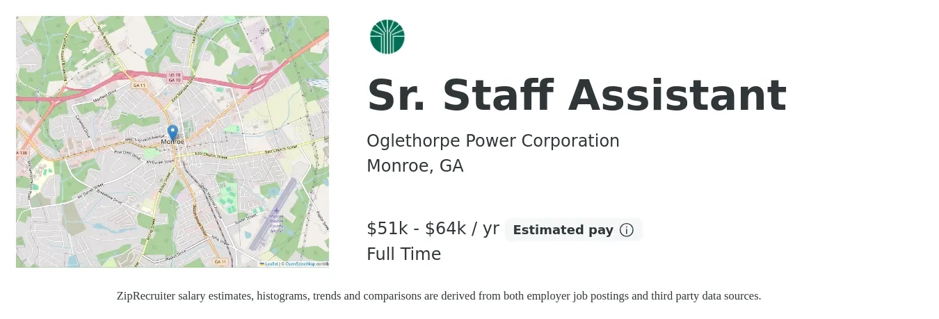 Oglethorpe Power Corporation job posting for a Sr. Staff Assistant in Monroe, GA with a salary of $51,900 to $64,800 Yearly with a map of Monroe location.