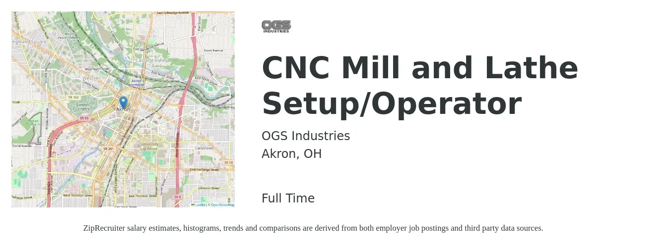 OGS Industries job posting for a CNC Mill and Lathe Setup/Operator in Akron, OH with a salary of $20 to $27 Hourly with a map of Akron location.