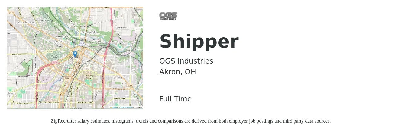 OGS Industries job posting for a Shipper in Akron, OH with a salary of $16 to $19 Hourly with a map of Akron location.
