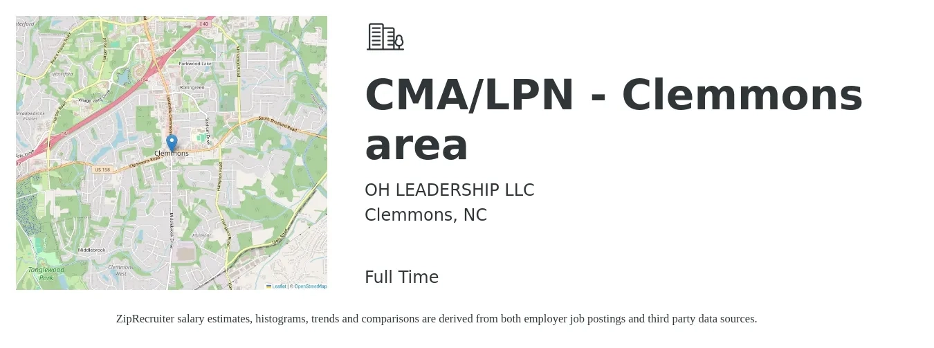 OH LEADERSHIP LLC job posting for a CMA/LPN - Clemmons area in Clemmons, NC with a salary of $14 to $18 Hourly with a map of Clemmons location.