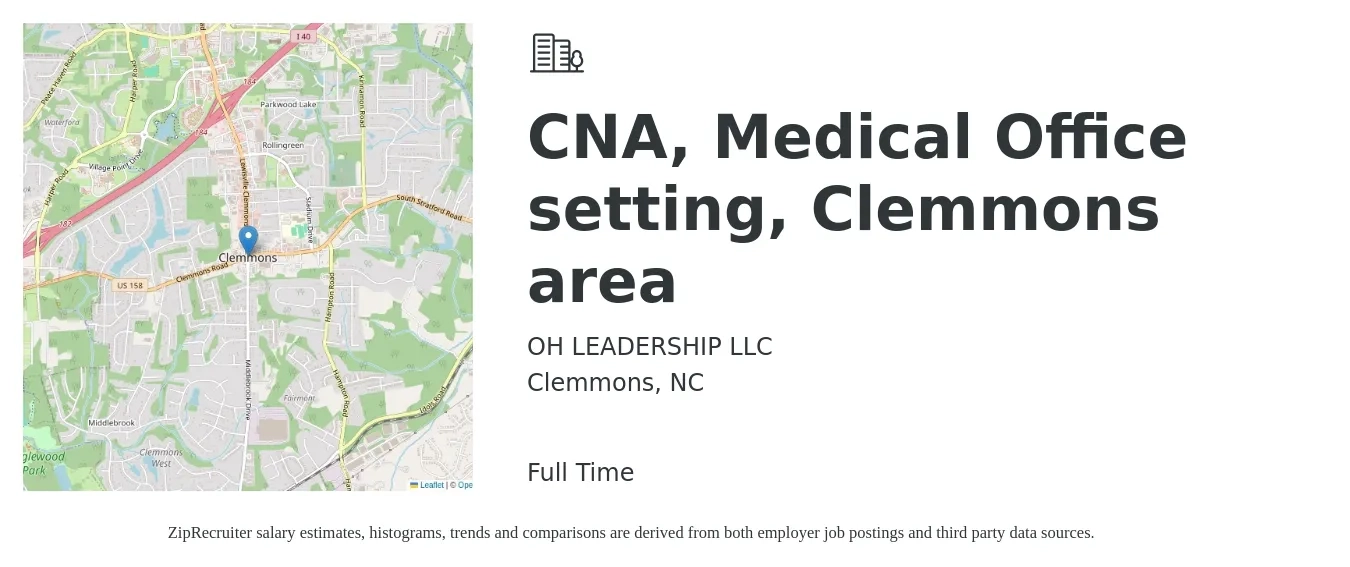 OH LEADERSHIP LLC job posting for a CNA, Medical Office setting, Clemmons area in Clemmons, NC with a salary of $14 to $19 Hourly with a map of Clemmons location.